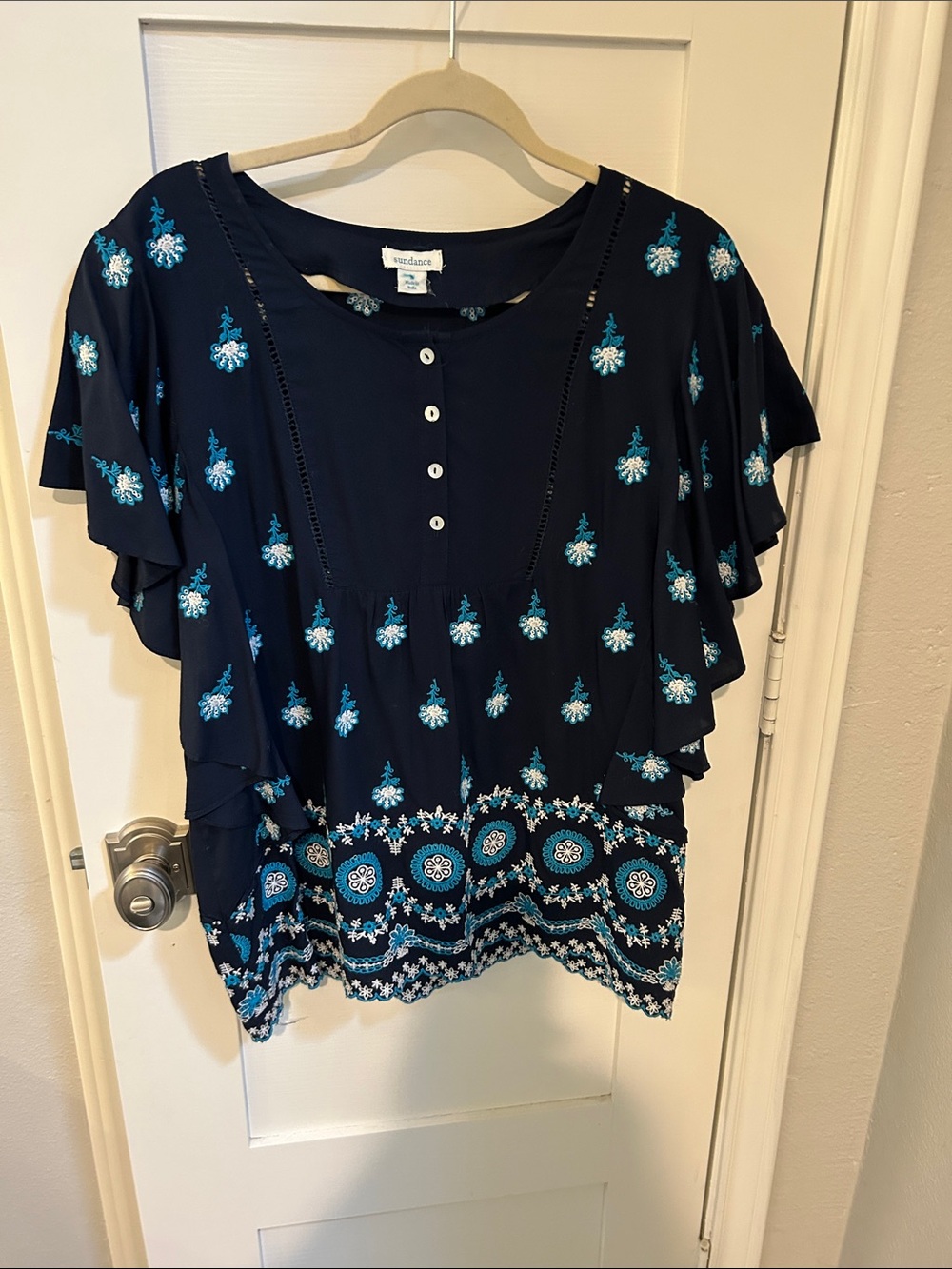 Sundance Navy Blue Embroidered Flutter-Sleeve Blouse